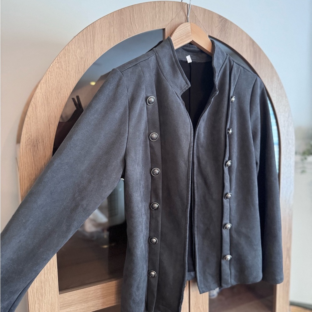 Gray Faux Suede Military Button Jacket Women’s Medium Academia Blazer - Picture 2 of 10